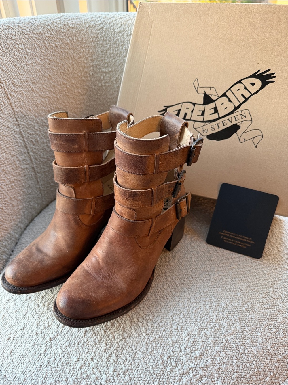 Freebird by Steven Cognac Brown Strappy Leather Heeled Ankle Boots